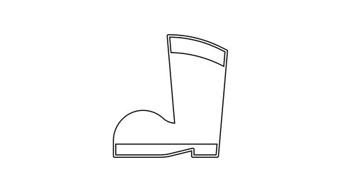 Black line Waterproof rubber boot icon isolated on white background. Gumboots for rainy weather, fishing, gardening. 4K Video motion graphic animation.