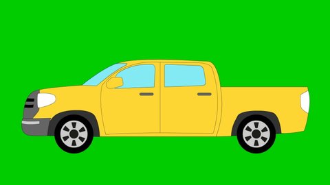 Animated yellow car. Pickup truck rides. Looped video. Bright flat vector illustration isolated on green background.