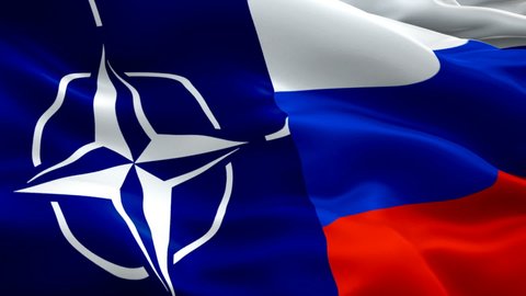 NATO Russia. National ‎New York‎ 3d NATO and Russia relations flag Closeup 1080p HD 1920X1080 video waving. Sign of North Atlantic Treaty Organization flag seamless loop animation -Moscow,4 May 2019
