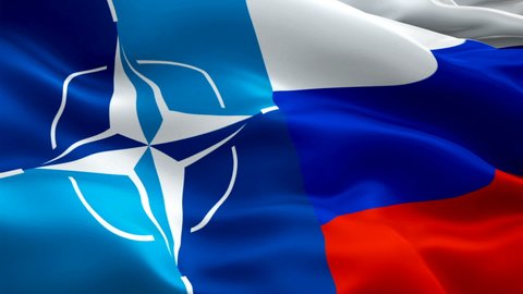 NATO vs Russia flag. National 3d NATO flag waving. Sign of North Atlantic Treaty Organization vs Russia tensions flag loop animation. NATO military Alliance Flag 1080p 1920X1080 -Moscow,4 May 2019
