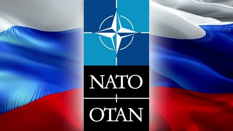 NATO and Russia tensions. National 3d NATO flag waving. NATO flag HD Background 1080p. Sign of North Atlantic Treaty Organization vs Russia relations flag seamless loop animation. -Moscow,4 May 2019
