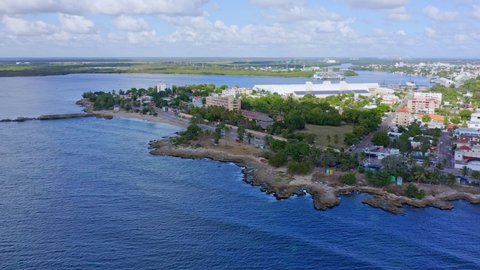  Aerial forward over Malecon at San Pedro de Macoris in Dominican Republic.