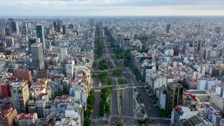 Aerial View Of Avenida 9 de Julio, July 9 Avenue Thoroughfare In The City Centre Of Buenos Aires, Argentina.