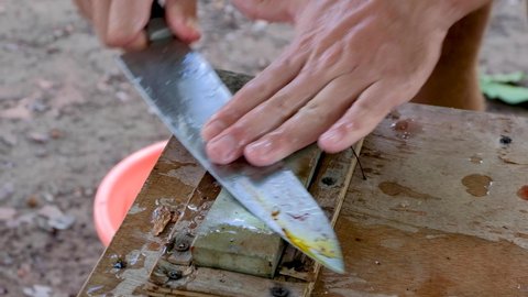 A large fish filleting knife being sharpened on a wet sharpening stone to prepare freshly caught sea fish for lunch and dinner