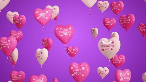 Floating, flying up Valentine’s Day festive balloons animation. Pink, white colored heart shaped balloons with signs. Abstract romantic greeting background. Beautiful 3D Render seamless loop concept