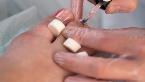 Pedicurist master is applying shiny soft pink gel shellac on woman's toes in beauty clinic, closeup view. Hygiene and care for feet. Professional pedicure in cosmetology clinic.