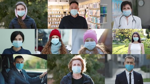 Multiple Screen Montage Collage of ten people of different sex and age. They put protective medical masks on their faces. Corona virus serious people wear masks staring at camera. Multiethnic people