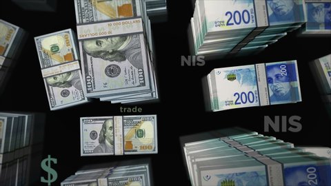 American Dollar and Israel Shekel money exchange. Banknotes pack bundle. Concept of trade, economy, competition, crisis, banking and finance. Notes loopable seamless 3d.