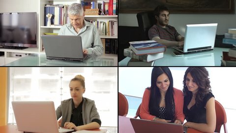 multiscreen footage of people using laptop at work