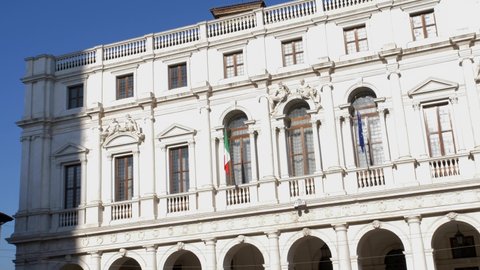 Bergamo. Lombardy. Italy. 10-31-2021. Monumental center of  Bergamo. Famous white facade Angelo Maibianco Library. Panning 4K