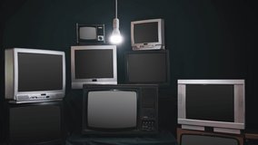 Group of 9 vintage TV with chroma key screens in room with blue black wall