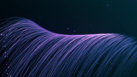Many PURPLE LINES FORM wave and disappear. Use for background. GLOW PARTICLES orange lines. SPIRAL structures. LIGHTING effects. Animation. Gradient. Futuristic. BLUE dark background.