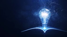 Learning from books or textbooks and the Internet helps create new ideas. Slowly moving interconnected polygons surround a glowing electric light bulb with a book underneath. dark blue background. - Powered by Shutterstock - Get 15% off with code: PIKWIZARD15