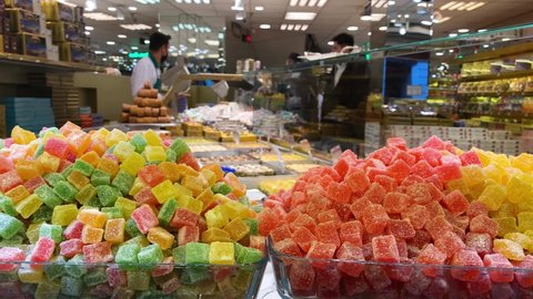 Variety of the traditional Turkish delights, also known as Lokum, are seen for sell in a shop of Istiklal street, city of Istanbul, Turkey.