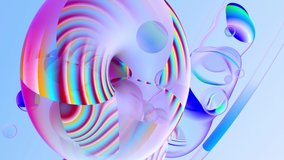 3d render of abstract art video animation with flying surreal ring tours circles in deformation process with meta balls around with colourful rainbow stripes gradient n surface  in transparent plastic