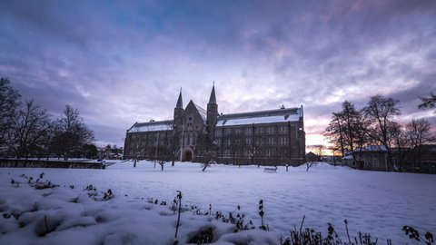 NTNU University in Trondheim, Norway. A Beautiful Educational Building with moving skies and rich colors in the sky. Timelapse.