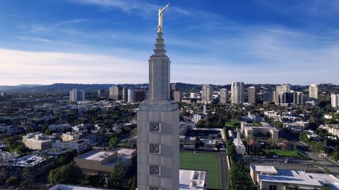 Los Angeles , California , United States - 01 03 2022: Los Angeles, California - January 3,2022: Angle Moroni atop the Church of Jesus Christ of Latter-day Saints' Temple