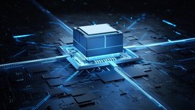 Digitalization concept: the CPU activates futuristic AI. Visualizing a digital impact or a processor or computer starting, booting. Neon glowing circuit network UI. Machine Learning. 3d rendering. - Powered by Shutterstock - Get 15% off with code: PIKWIZARD15