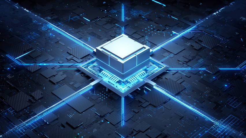 Digitalization concept: the CPU activates futuristic AI. Visualizing a digital impact or a processor or computer starting, booting. Neon glowing circuit network UI. Machine Learning. 3d rendering.