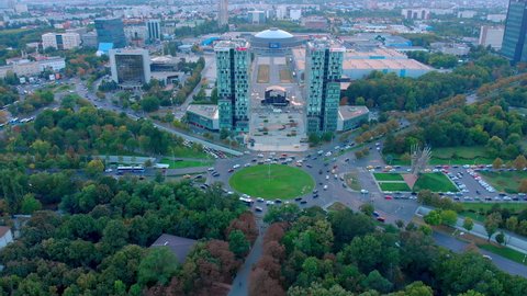 Bucharest , Romania - 01 13 2022: City skyline office buildings district view , drone, Bucharest , Romania