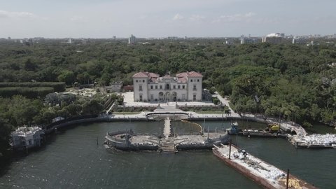 Aerial from Biscayne to Vizcaya Museum over barge garden construction