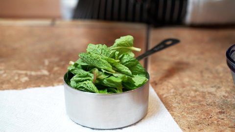 Measuring mint leaves to add to a special Mediterranean dish - side view LAMB PATTY SERIES