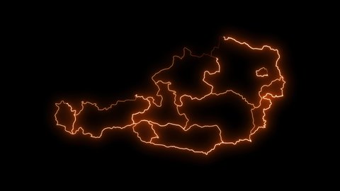 Austria map with all states or provinces glowing neon outline in and out animation.