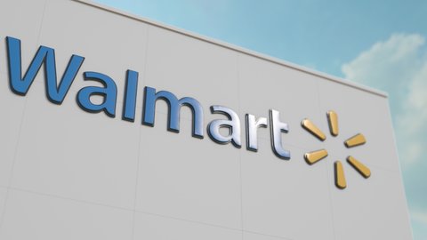 Walmart, Inc. logo on the wall. Editorial 3D animation