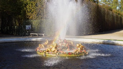 Versailles, France - October 24, 2021: Close-up on Flora Fountain (or Spring fountain) in the Gardens of famous Chateau de Versailles.