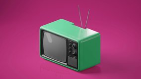 Vintage green colored TV tube with antenna on top. Dynamic rotation. Retro style display, screen. Pink background. Colorful, bright old school television concept. Realistic 3D Render 4K loop animation