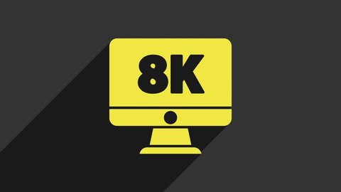 Yellow Computer PC monitor display with 8k video technology icon isolated on grey background. 4K Video motion graphic animation.