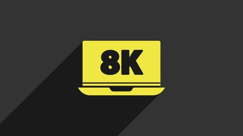 Yellow Laptop screen with 8k video technology icon isolated on grey background. 4K Video motion graphic animation.