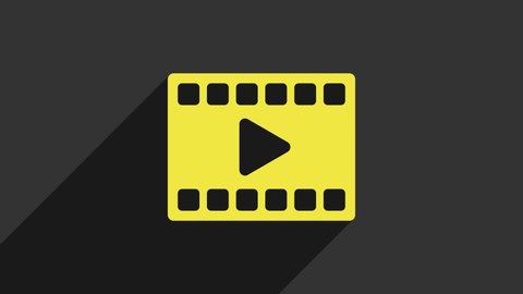 Yellow Play Video icon isolated on grey background. Film strip with play sign. 4K Video motion graphic animation.