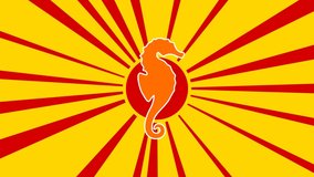 Sea horse symbol on the background of animation from moving rays of the sun. Large orange symbol increases slightly. Seamless looped 4k animation on yellow background