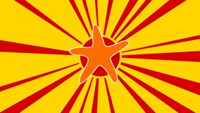 Starfish symbol on the background of animation from moving rays of the sun. Large orange symbol increases slightly. Seamless looped 4k animation on yellow background