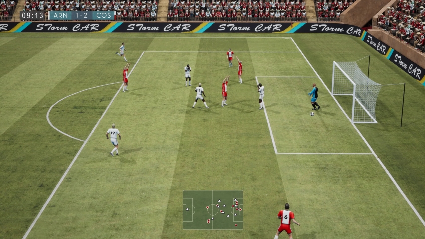 Animated Fake 3d Video Game. Soccer Gameplay. Two Teams Play In a Stadium Full Of Spectators. Corner Kick. Victory