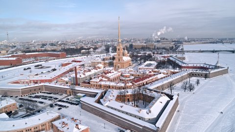Winter Saint Petersburg Russia. Aerial city landscape. Peter and Paul fortress.