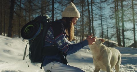 Cinematic shot of happy female tourist with backpack is having fun to play with snow together with her labrador retriever dog puppy during exploration vacation travel in mountains in winter.