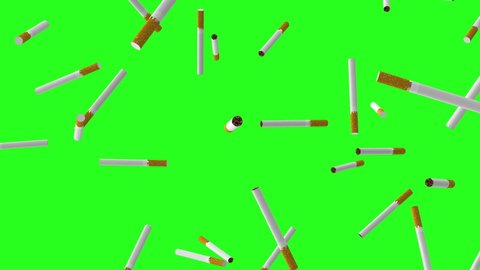 Falling cigarettes on a green background. 3D looping animation.