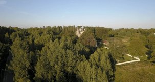 4K aerial drone video of beautiful church cathedral on sunny day in Volga River waterfront of small picturesque town Tutaev, Yaroslavl Region, Russia