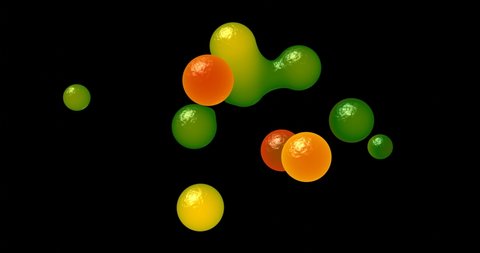 Abstract juice drops levitate on black background. Lossless quality. 4k seamless animation loop. 3D-rendering.