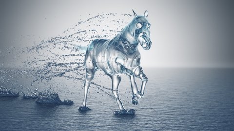 Horse made out of water runs through the water with splashes 3d rendering 4k