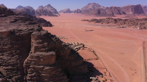 Aerial view of a luxury camp in the inmenso desert of Wadi Rum in Jordan