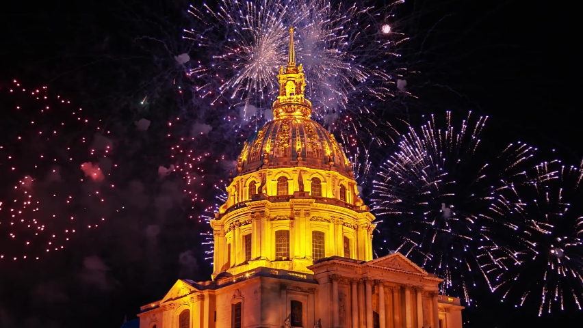 Celebratory colorful fireworks over the Les Invalides (The National Residence of the Invalids) at night. Paris, France | Shutterstock HD Video #1085574932