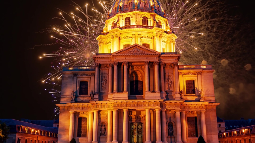 Celebratory colorful fireworks over the Les Invalides (The National Residence of the Invalids) at night. Paris, France | Shutterstock HD Video #1085574935