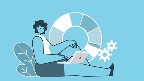 Cartoon woman sitting working on laptop with pie chart. Flat Design 2d Character Animation with Alpha Channal