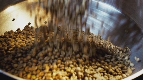 Raw green coffee beans are poured into the roaster. Unroasted green coffee beans on sack background. Raw coffee beans fall from above. Aromatic coffee industry