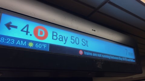 A sign in the New York subway station. Electronic display with routes and train schedules. B, M, D lines.