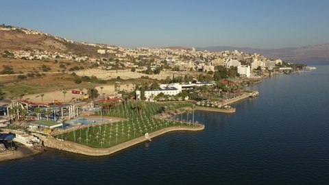 TIBERIAS, ISRAEL - DECEMBER 2021: Drone flight past water theme park in Tiberias, located on the shores of the Sea of Galilee in Israel
