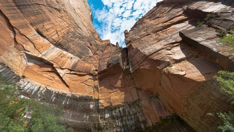 Natural Red Canyon Walls Around Emerald Pools In Zion National Park, Utah, USA. - low angle